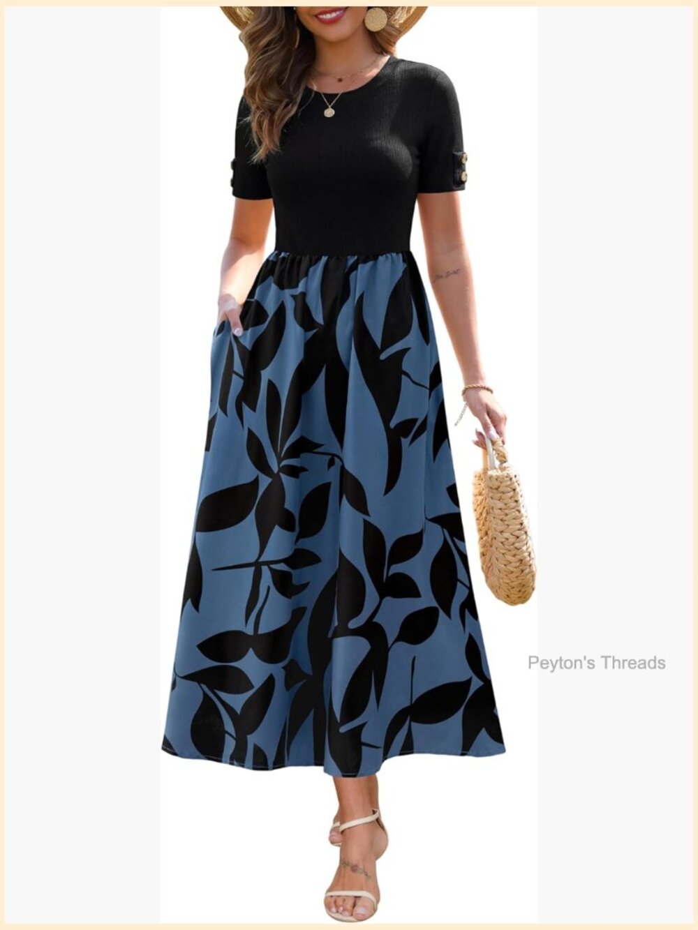 Short Sleeve Ribbed Patchwork Flowy Maxi Dress with Pockets